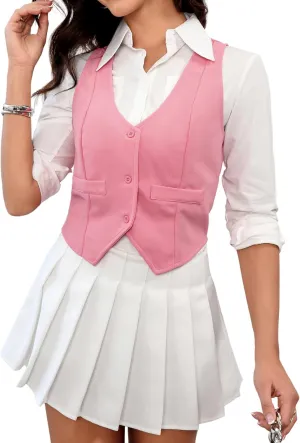 SweatyRocks Women's Solid Button Front Crop Waistcoat V Neck Sleeveless Blazers