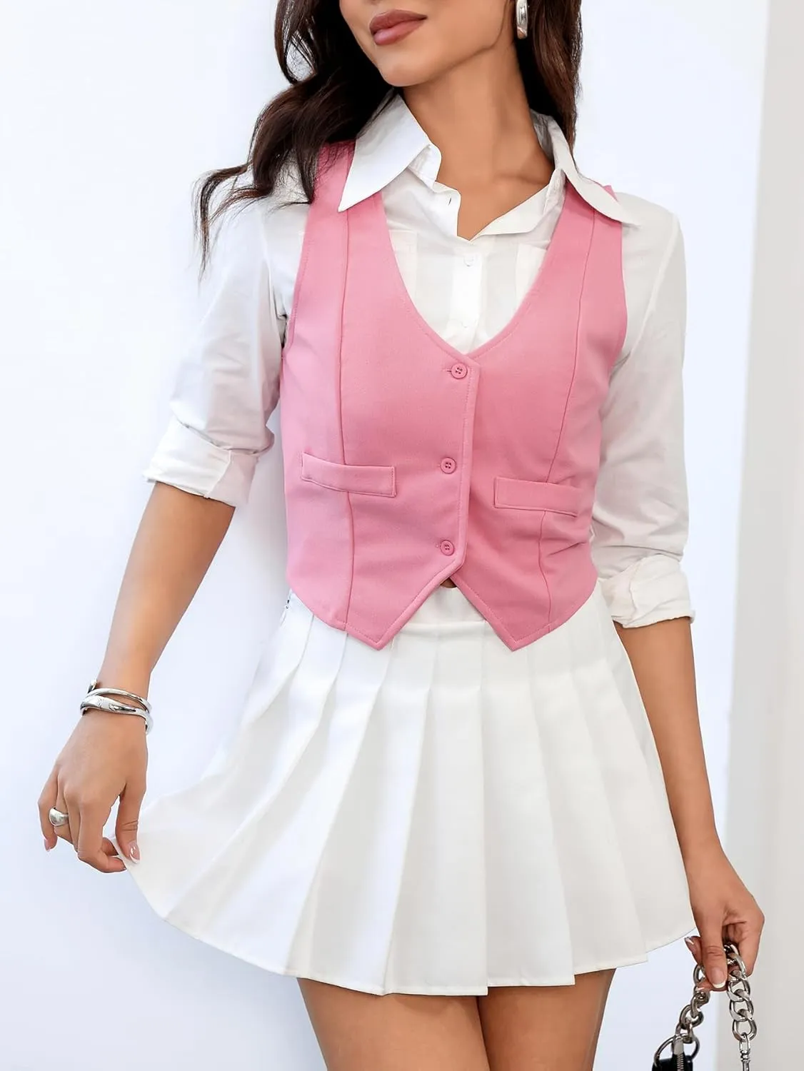 SweatyRocks Women's Solid Button Front Crop Waistcoat V Neck Sleeveless Blazers
