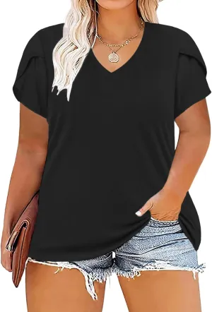 TAKEYAL Women's Plus Size T Shirts Petal Sleeve V Neck Tee Tops Summer Cute Baggy Casual Blouses XL-5XL 2024