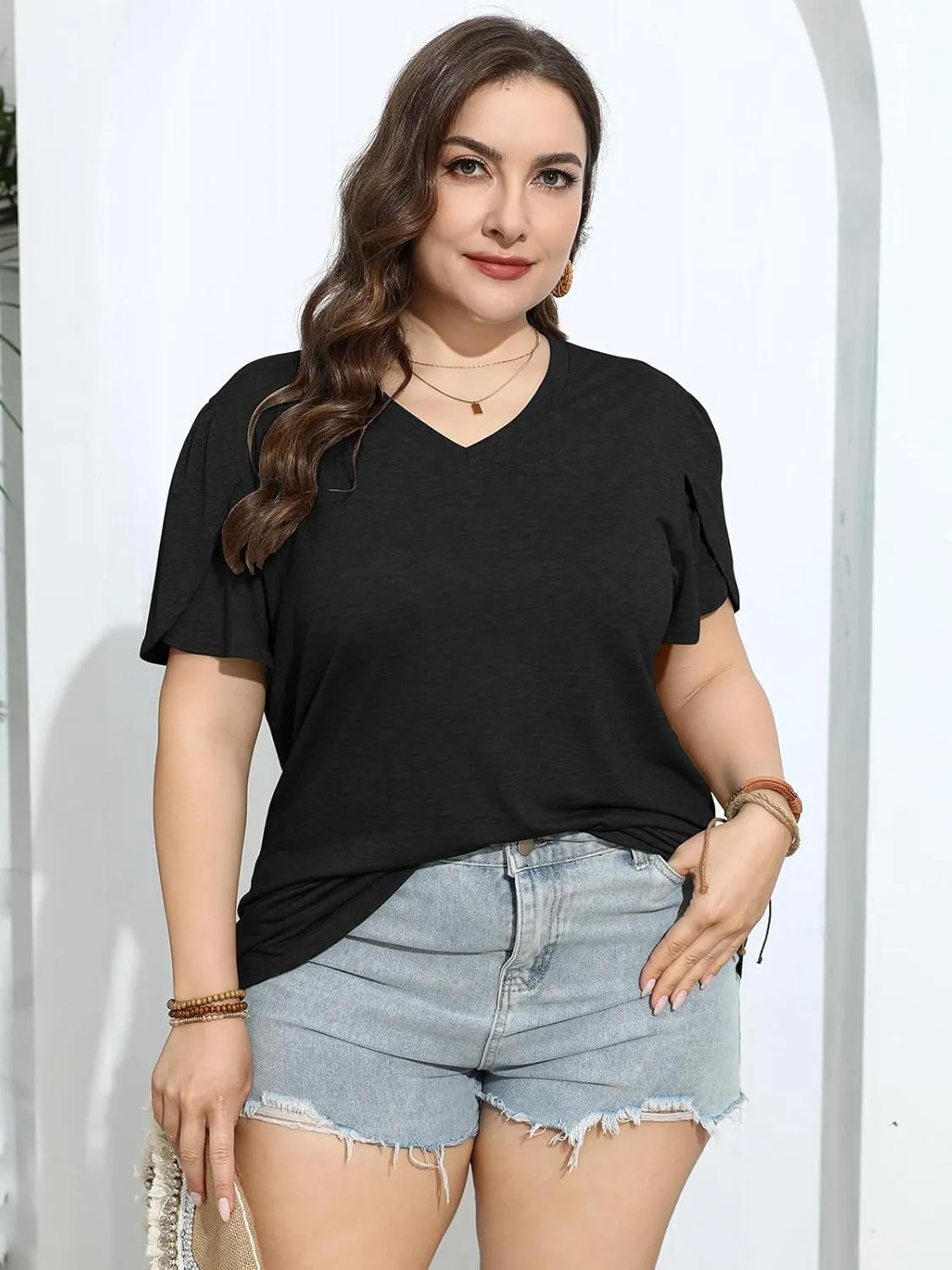 TAKEYAL Women's Plus Size T Shirts Petal Sleeve V Neck Tee Tops Summer Cute Baggy Casual Blouses XL-5XL 2024