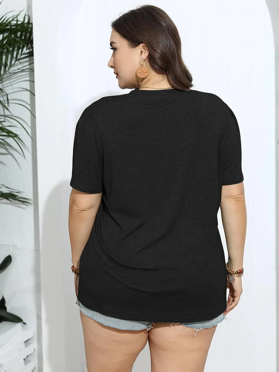 TAKEYAL Women's Plus Size T Shirts Petal Sleeve V Neck Tee Tops Summer Cute Baggy Casual Blouses XL-5XL 2024