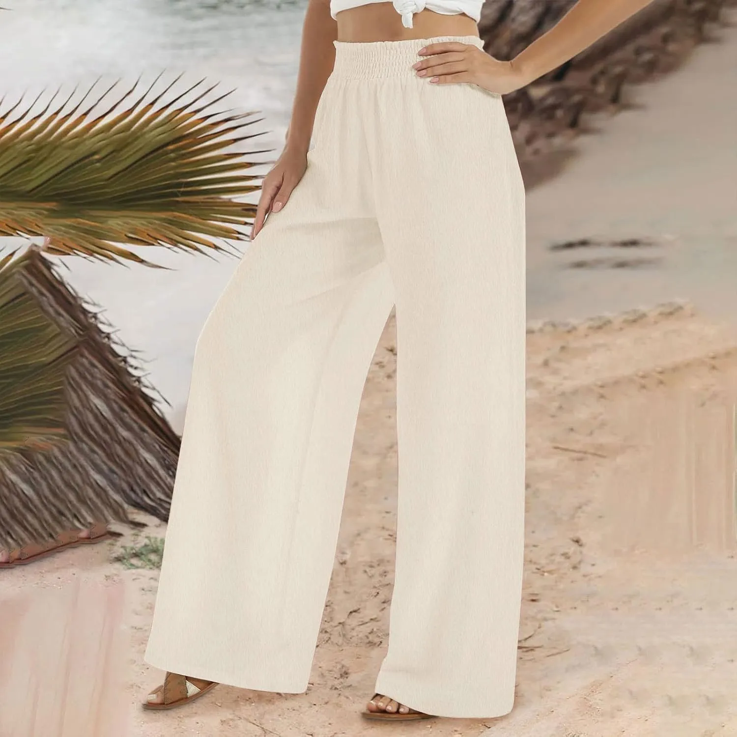 TANGNADE Women's Pants Casual Summer Cotton Linen High Waist Straight Palazzo Pant Trouser Vacation Boho Travel Clothes