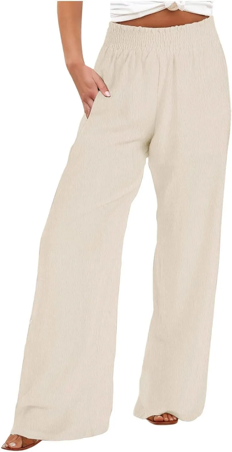TANGNADE Women's Pants Casual Summer Cotton Linen High Waist Straight Palazzo Pant Trouser Vacation Boho Travel Clothes