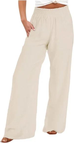 TANGNADE Women's Pants Casual Summer Cotton Linen High Waist Straight Palazzo Pant Trouser Vacation Boho Travel Clothes