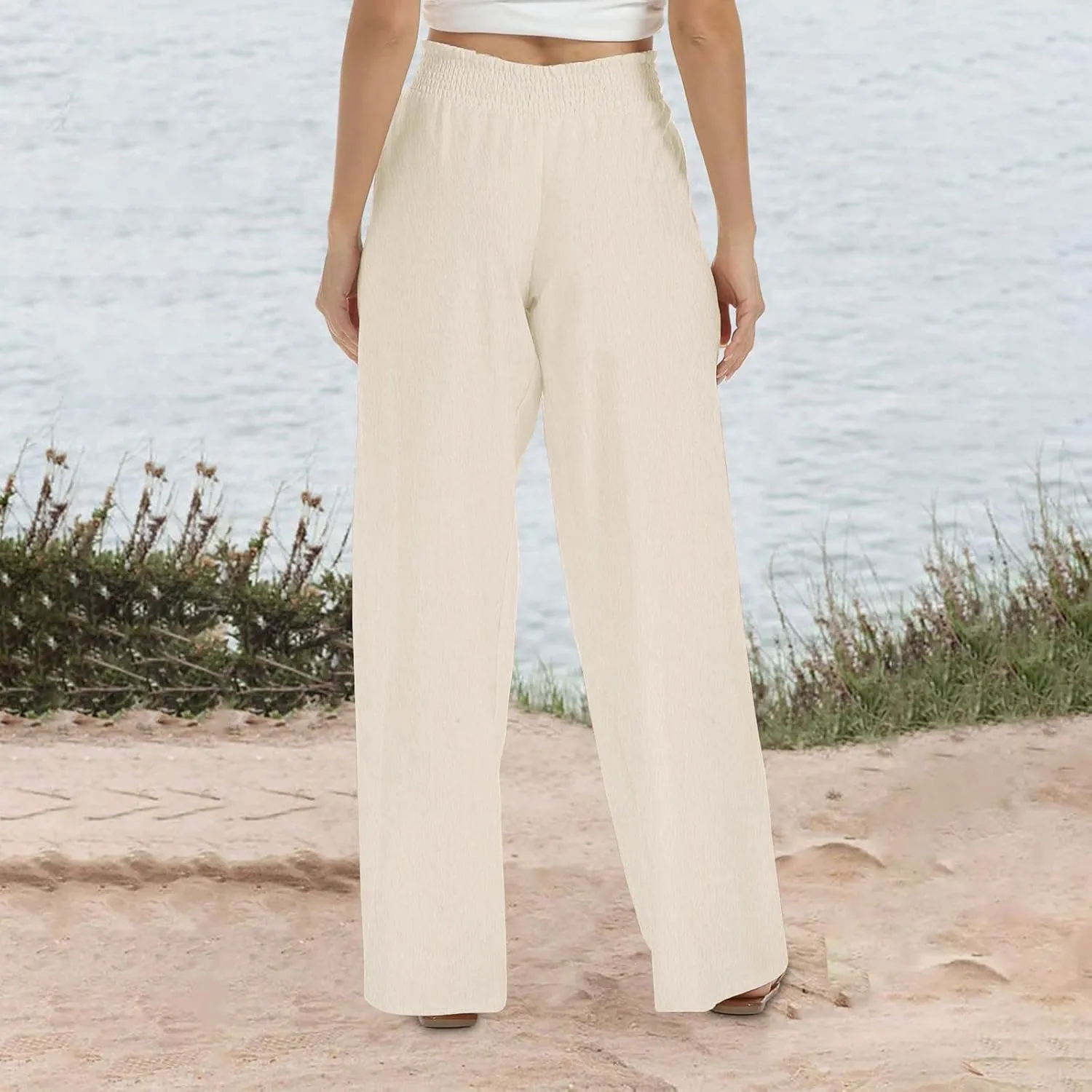 TANGNADE Women's Pants Casual Summer Cotton Linen High Waist Straight Palazzo Pant Trouser Vacation Boho Travel Clothes