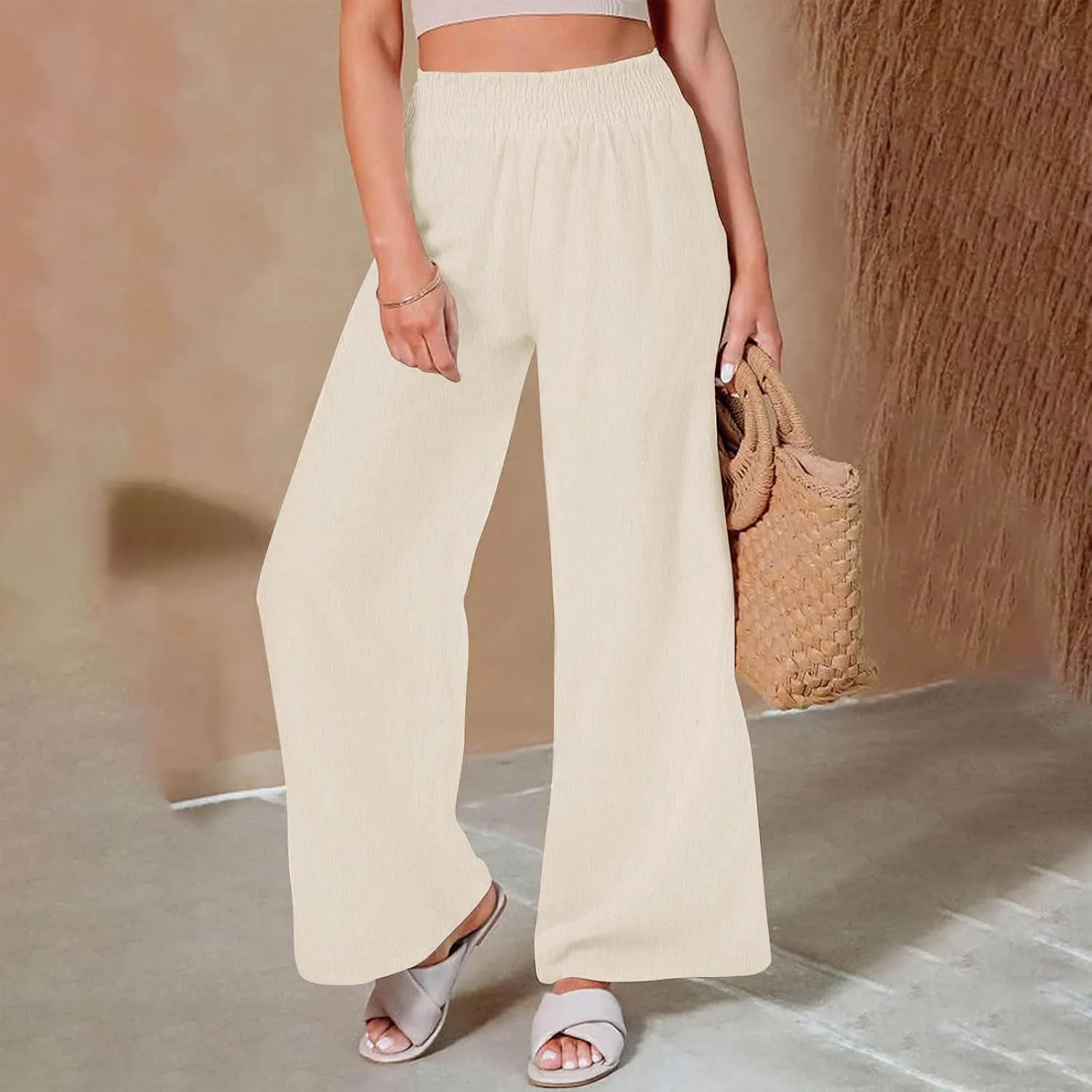 TANGNADE Women's Pants Casual Summer Cotton Linen High Waist Straight Palazzo Pant Trouser Vacation Boho Travel Clothes
