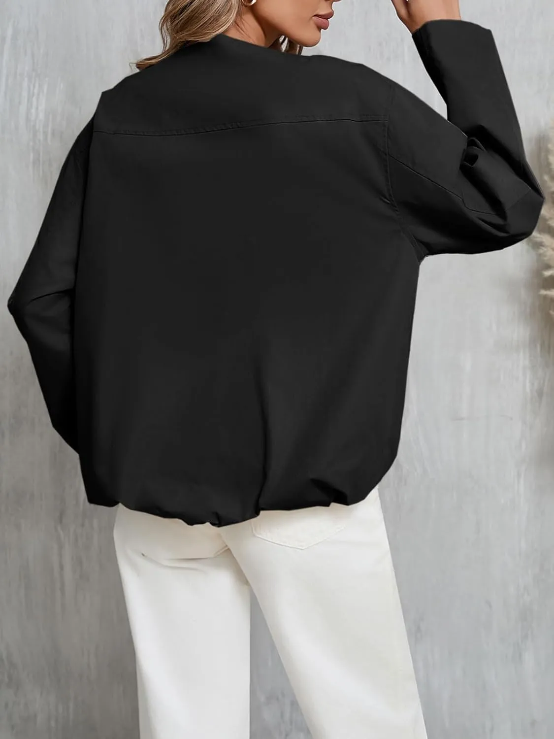 Tankaneo Womens Cropped Bomber Jackets Casual Zip Up Cargo Oversized Ruched Hem Coats with Pockets