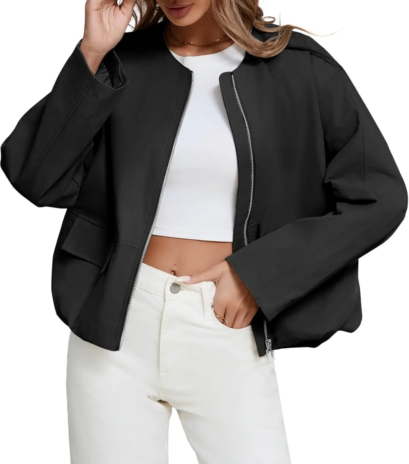 Tankaneo Womens Cropped Bomber Jackets Casual Zip Up Cargo Oversized Ruched Hem Coats with Pockets