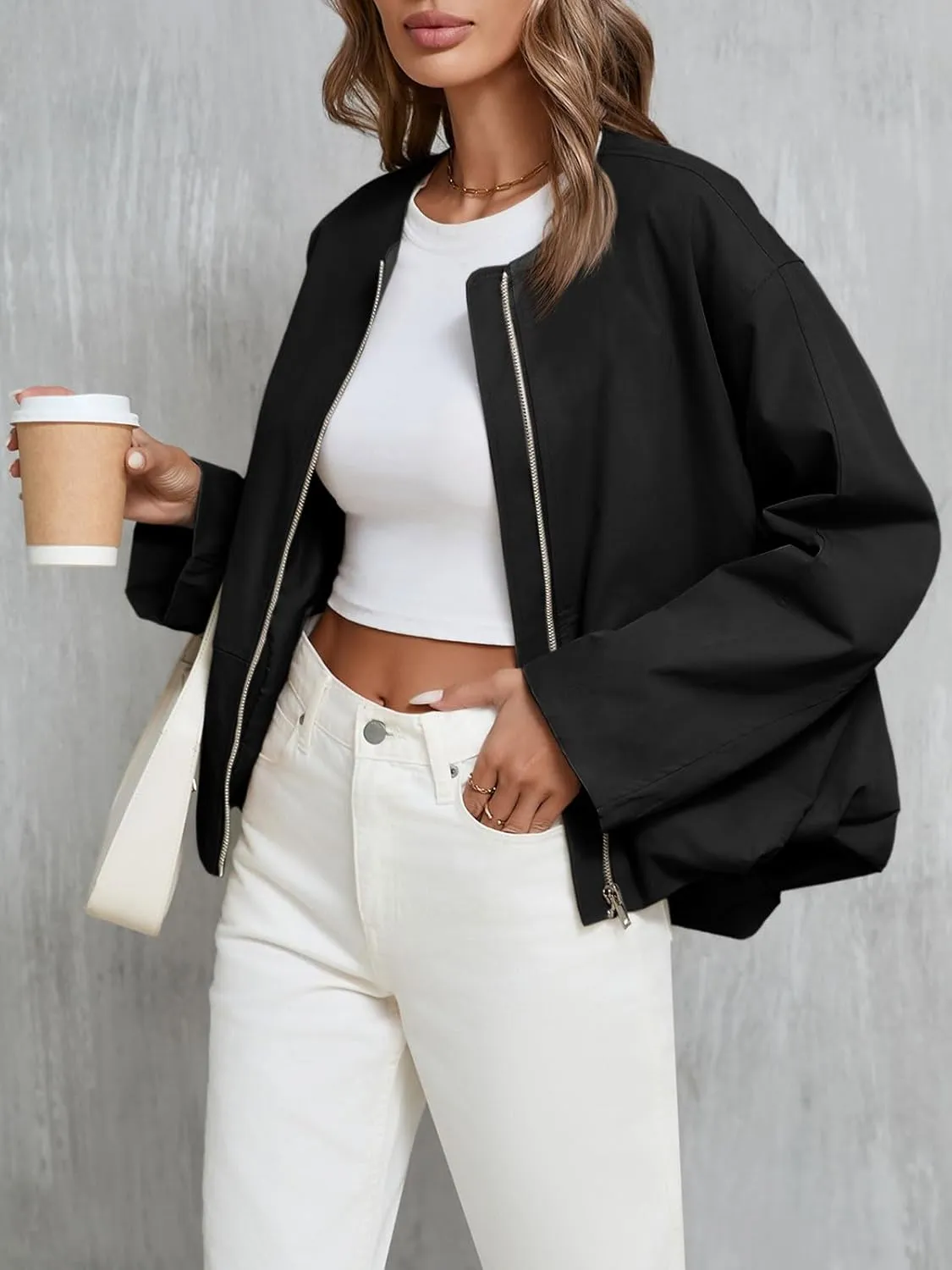 Tankaneo Womens Cropped Bomber Jackets Casual Zip Up Cargo Oversized Ruched Hem Coats with Pockets