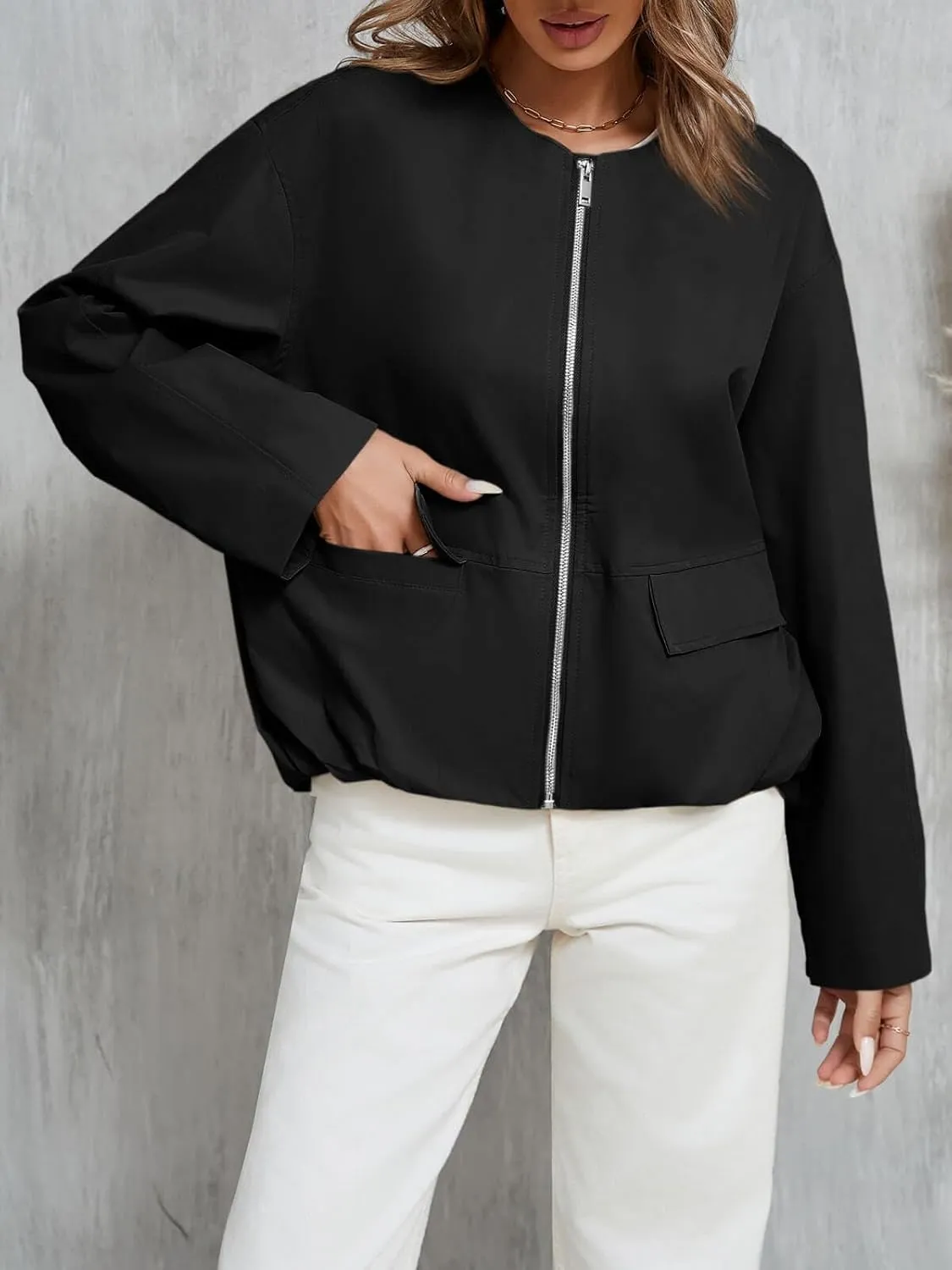Tankaneo Womens Cropped Bomber Jackets Casual Zip Up Cargo Oversized Ruched Hem Coats with Pockets