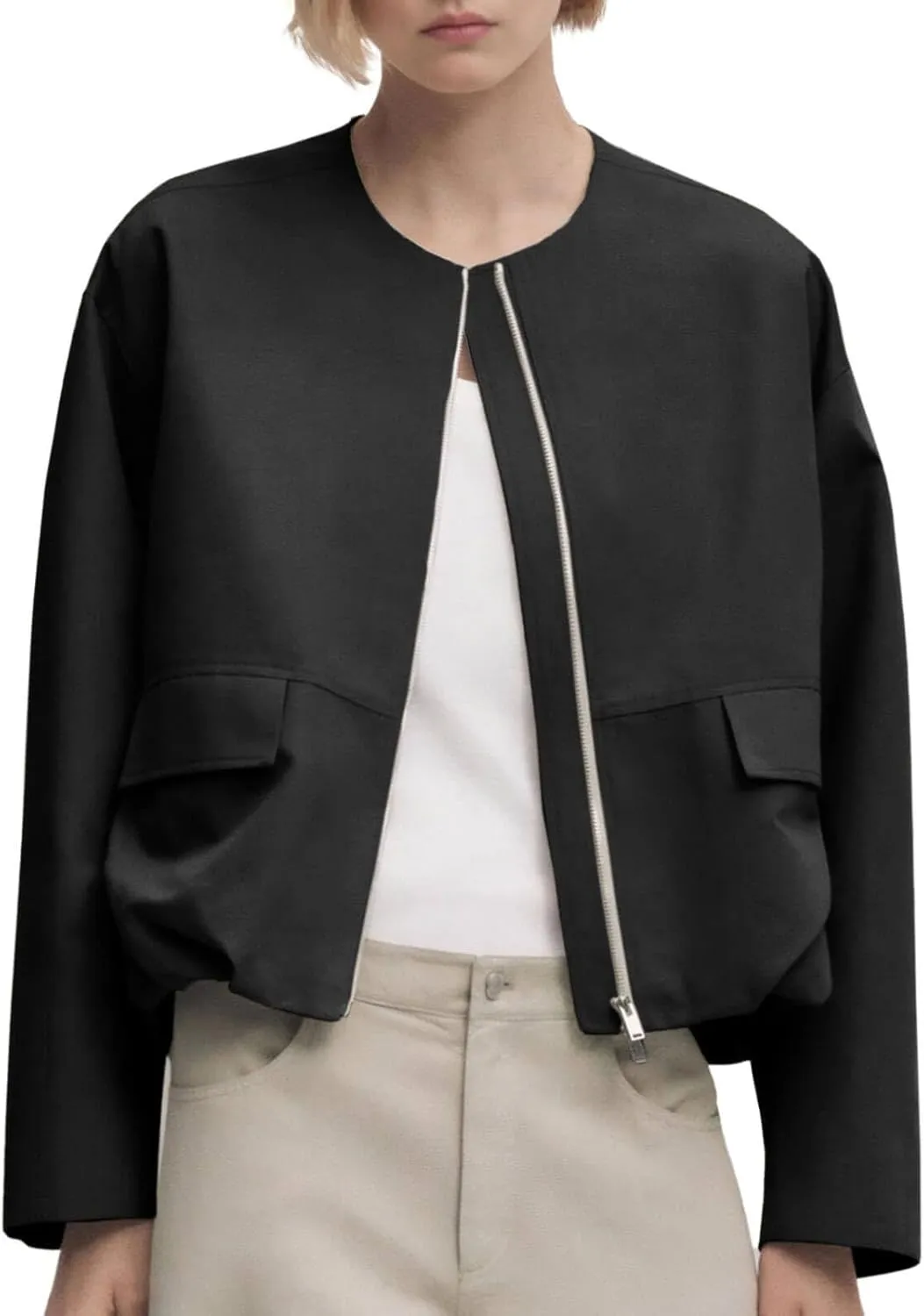 Tankaneo Womens Cropped Bomber Jackets Casual Zip Up Cargo Oversized Ruched Hem Coats with Pockets