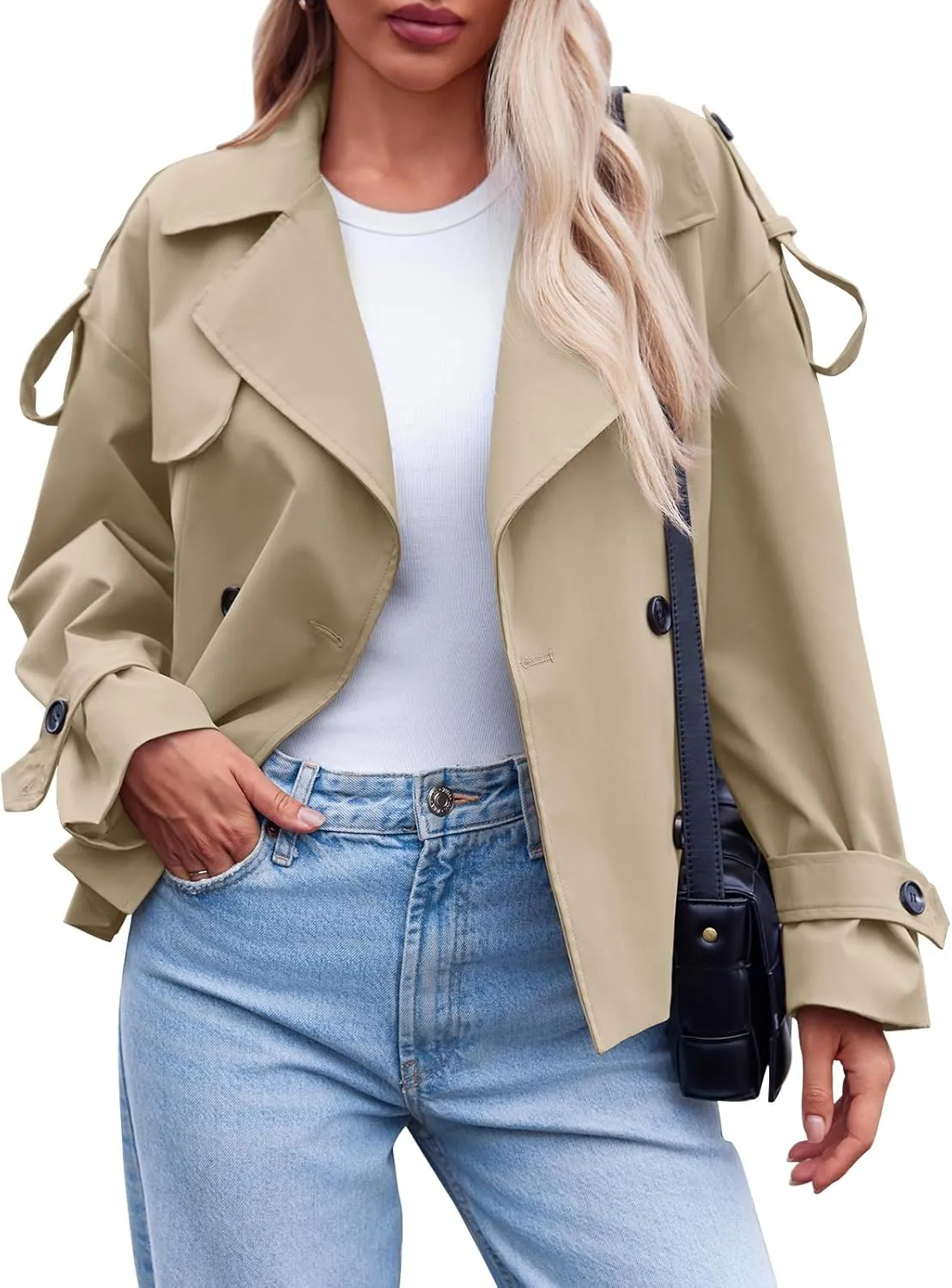 Tankaneo Womens Cropped Trench Coat Casual Double Breasted Short Jacket Fall Fashion Outerwear with Belt