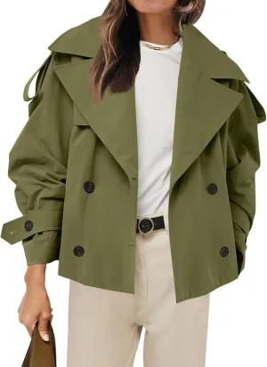 Tankaneo Womens Cropped Trench Coat Casual Double Breasted Short Jacket Fall Fashion Outerwear with Belt