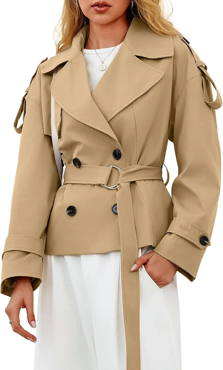 Tankaneo Womens Cropped Trench Coat Casual Double Breasted Short Jacket Fall Fashion Outerwear with Belt
