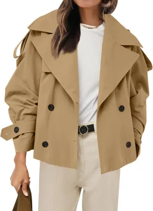 Tankaneo Womens Cropped Trench Coat Casual Double Breasted Short Jacket Fall Fashion Outerwear with Belt