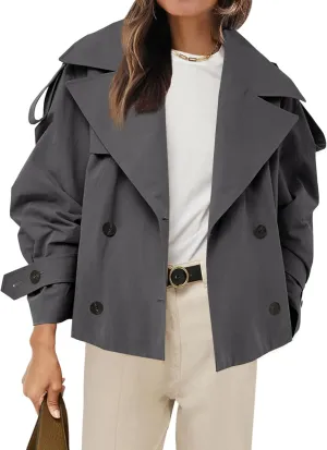 Tankaneo Womens Cropped Trench Coat Casual Double Breasted Short Jacket Fall Fashion Outerwear with Belt