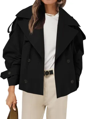 Tankaneo Womens Cropped Trench Coat Casual Double Breasted Short Jacket Fall Fashion Outerwear with Belt