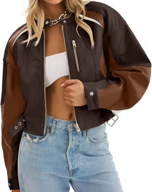 Tankaneo Womens Faux Leather Bomber Jackets Cropped Zip Up Color Block Fall Casual Moto Biker Coats