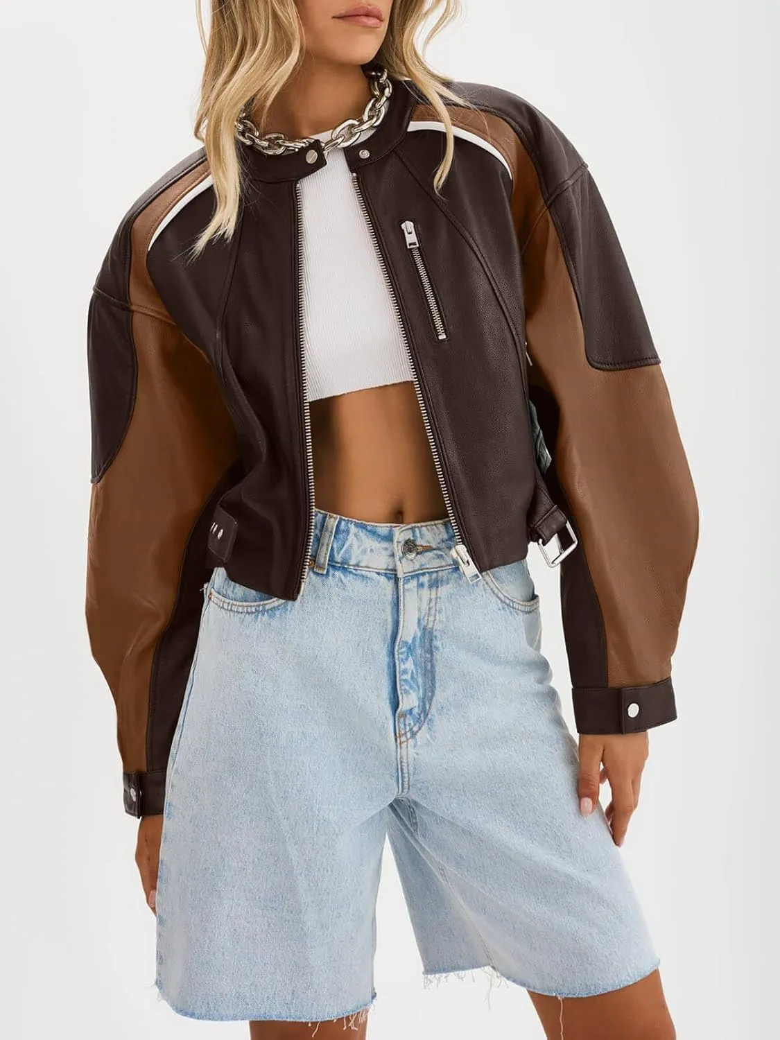 Tankaneo Womens Faux Leather Bomber Jackets Cropped Zip Up Color Block Fall Casual Moto Biker Coats