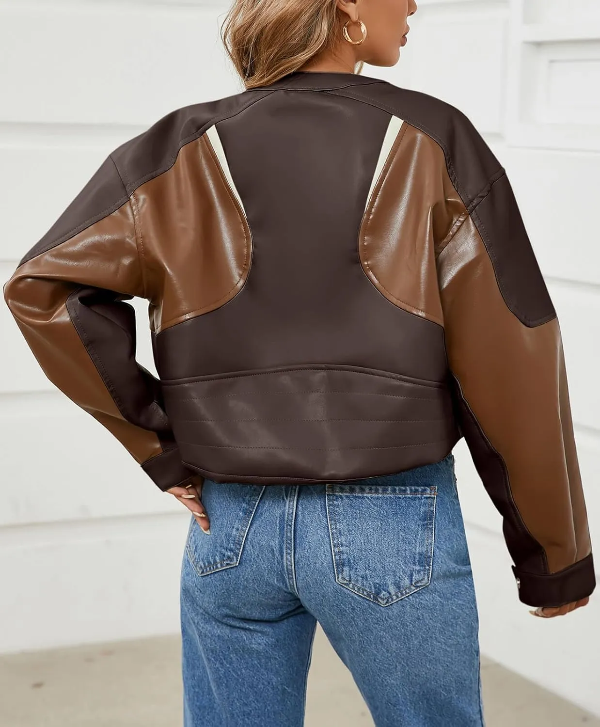 Tankaneo Womens Faux Leather Bomber Jackets Cropped Zip Up Color Block Fall Casual Moto Biker Coats