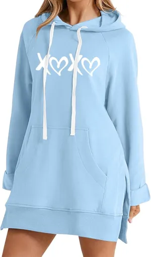 The Warmy Oversized Hoodie Dress,Valentine's Day Dress for Women with Pocket Funny Heart Print Split Hem Hoodies