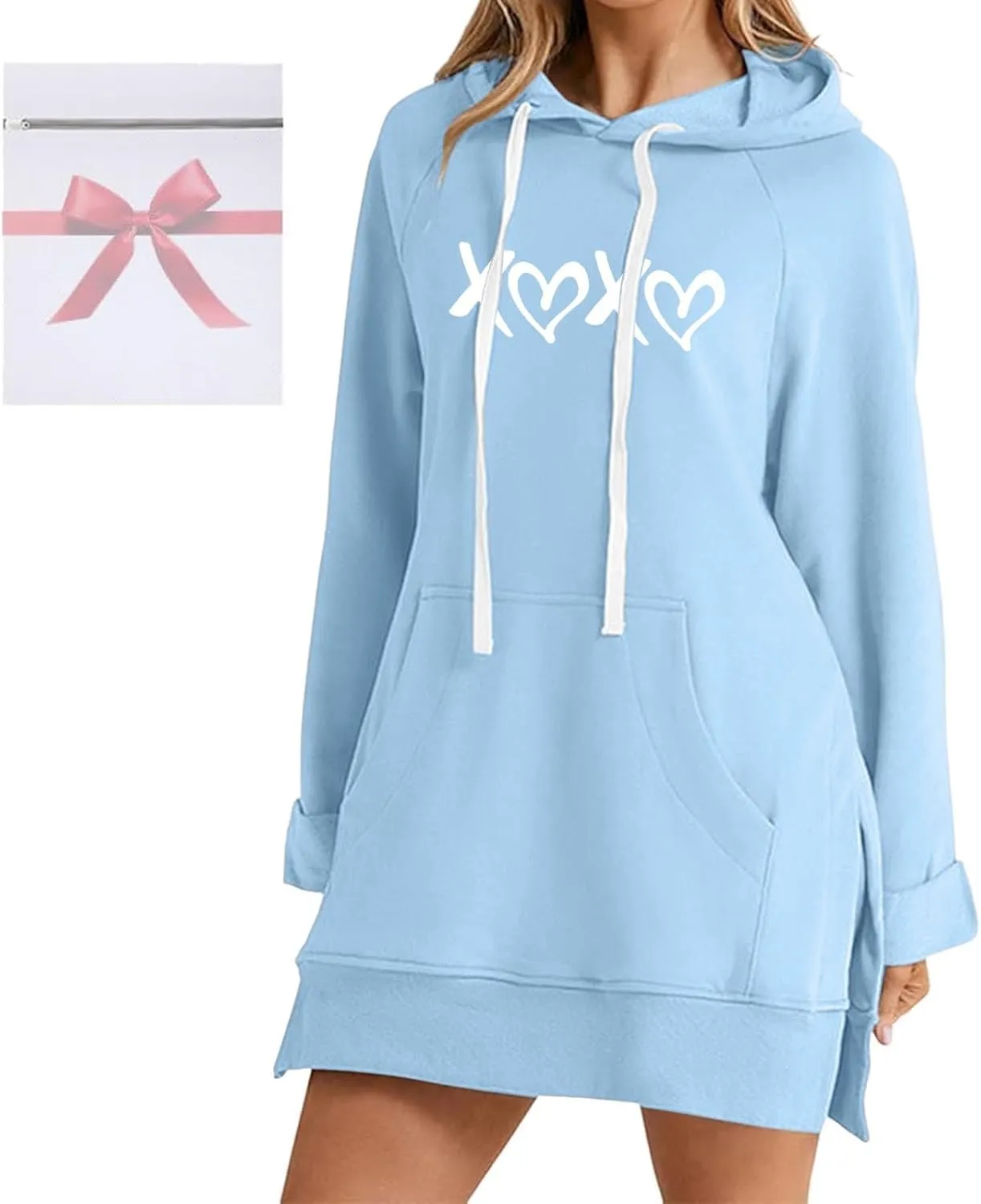 The Warmy Oversized Hoodie Dress,Valentine's Day Dress for Women with Pocket Funny Heart Print Split Hem Hoodies