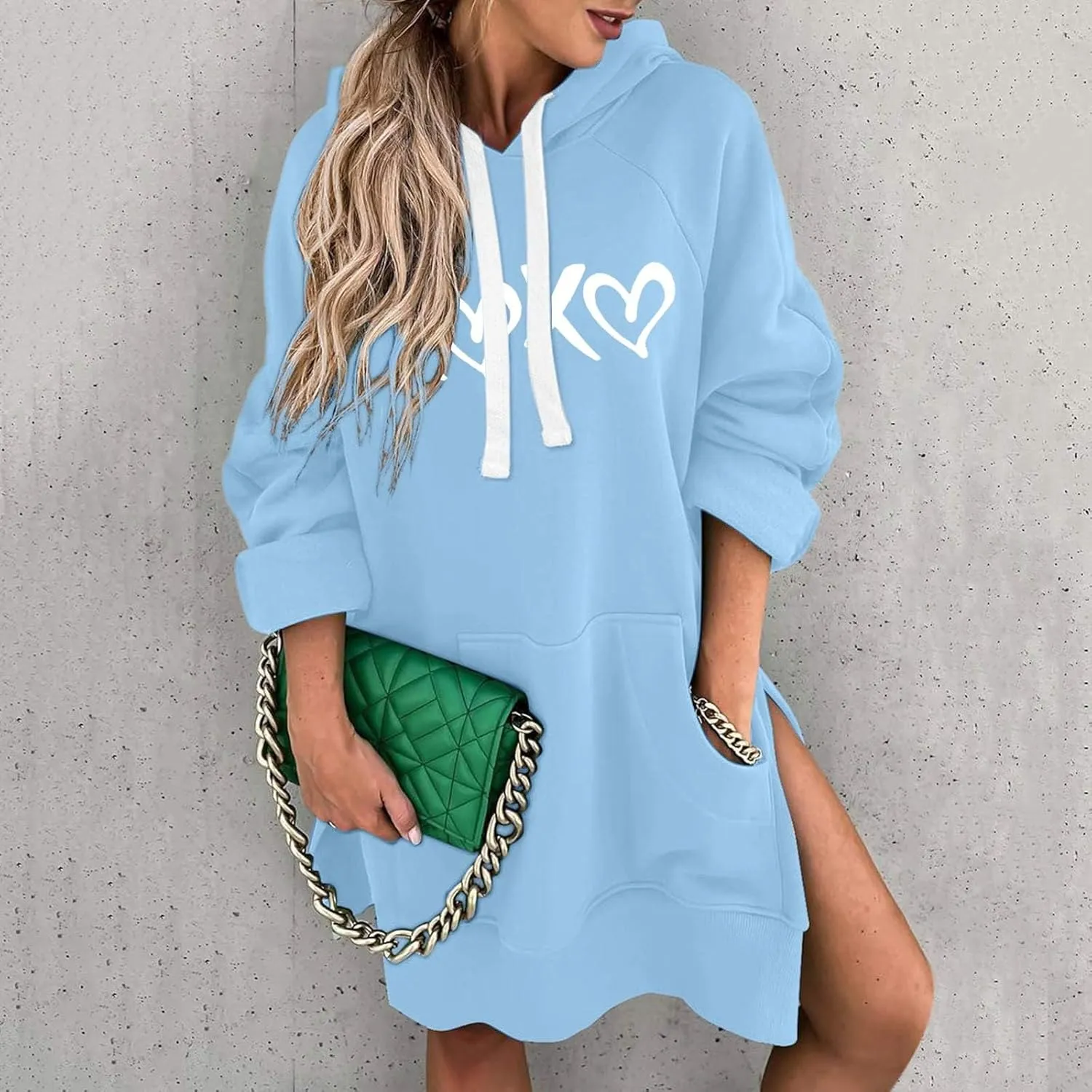 The Warmy Oversized Hoodie Dress,Valentine's Day Dress for Women with Pocket Funny Heart Print Split Hem Hoodies