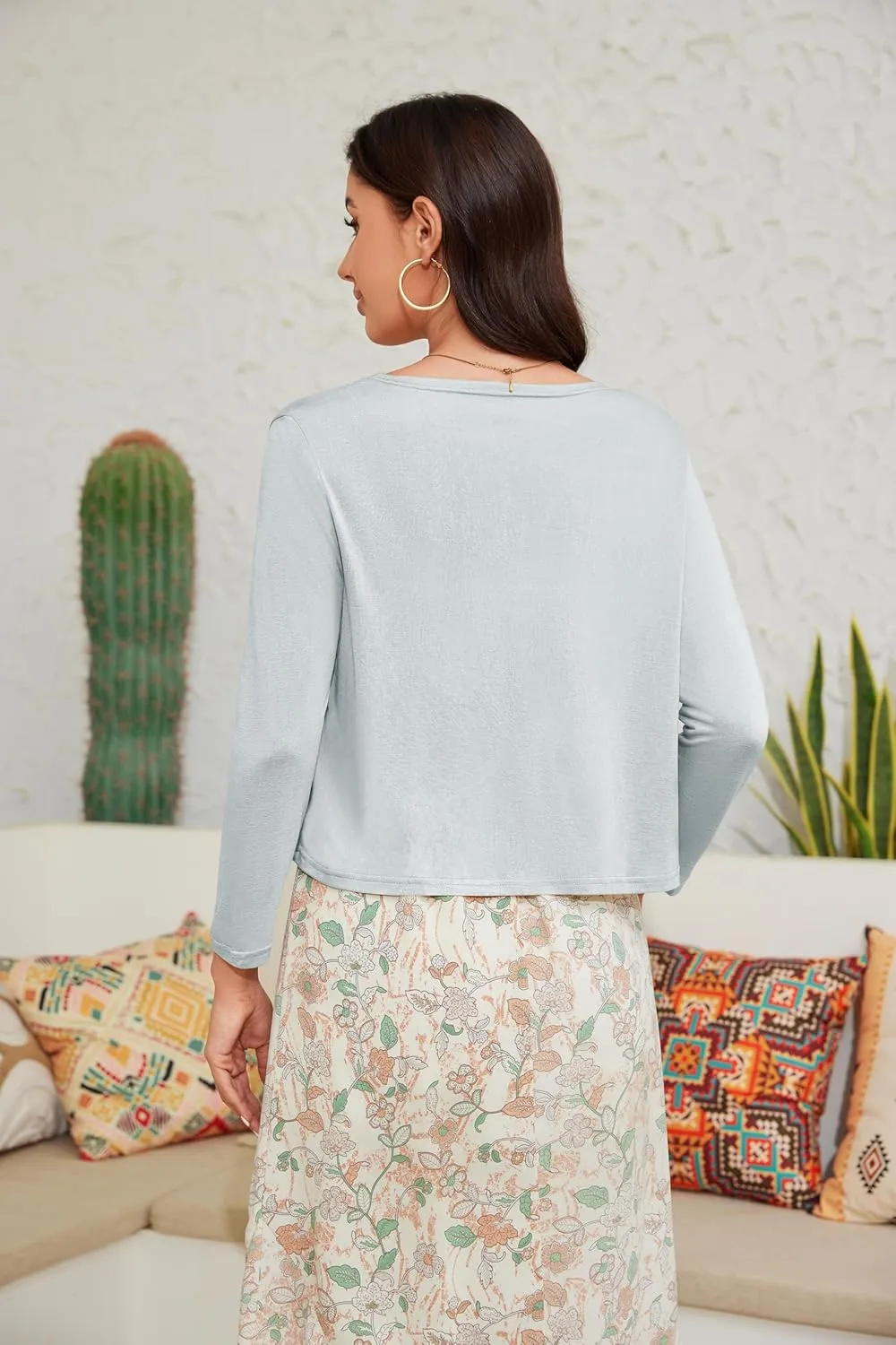 Tie Front Cropped Cardigan Sweaters for Women 3/4 Sleeve Lightweight Open Front Knit Shrug Top for Dress