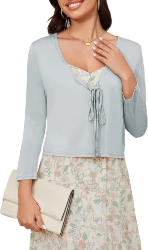 Tie Front Cropped Cardigan Sweaters for Women 3/4 Sleeve Lightweight Open Front Knit Shrug Top for Dress