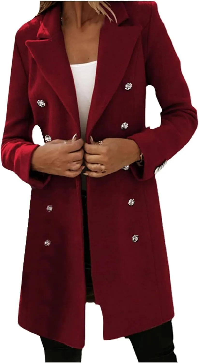 Trench Coat Women Long Wool Double Breasted Blazer Business Casual Notch Lapel Jacket Fall Winter Mid Long Peacoat