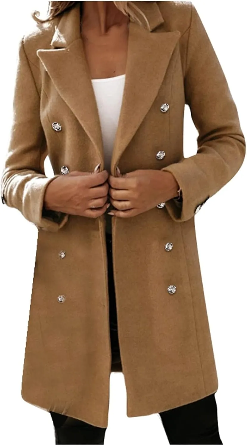 Trench Coat Women Long Wool Double Breasted Blazer Business Casual Notch Lapel Jacket Fall Winter Mid Long Peacoat