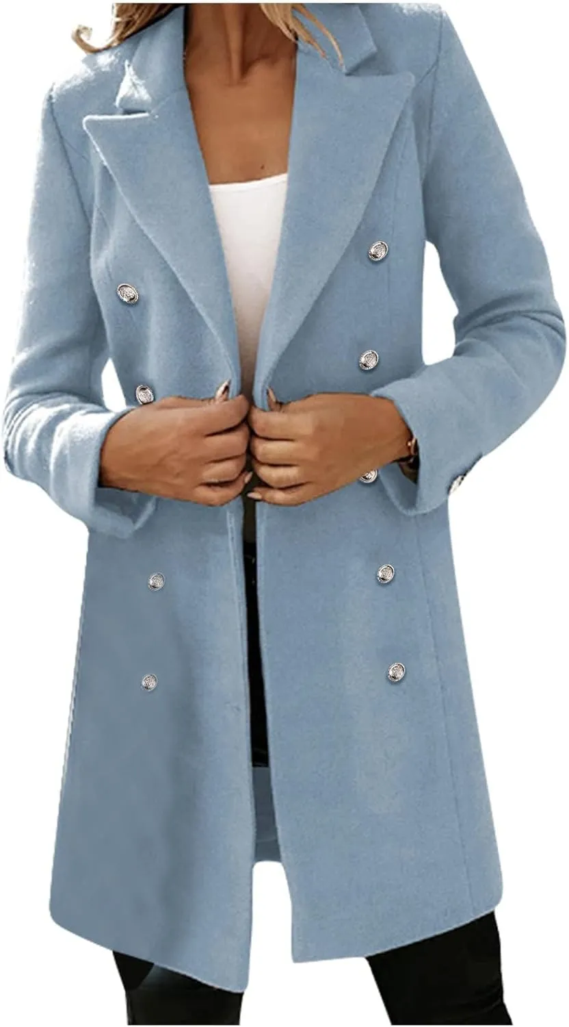 Trench Coat Women Long Wool Double Breasted Blazer Business Casual Notch Lapel Jacket Fall Winter Mid Long Peacoat