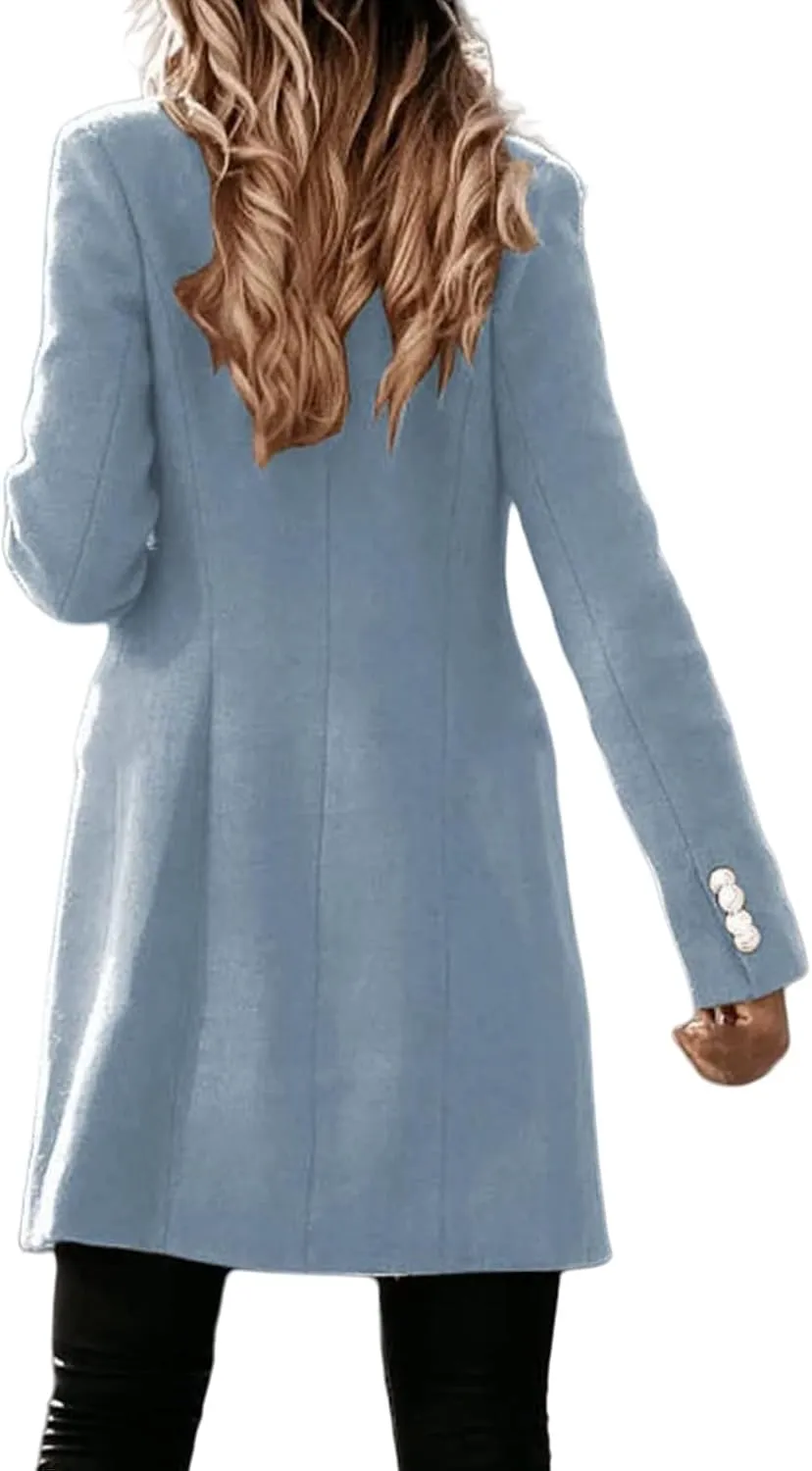 Trench Coat Women Long Wool Double Breasted Blazer Business Casual Notch Lapel Jacket Fall Winter Mid Long Peacoat