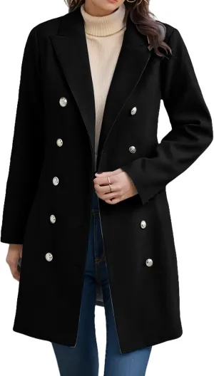 Trench Coat Women Long Wool Double Breasted Blazer Business Casual Notch Lapel Jacket Fall Winter Mid Long Peacoat