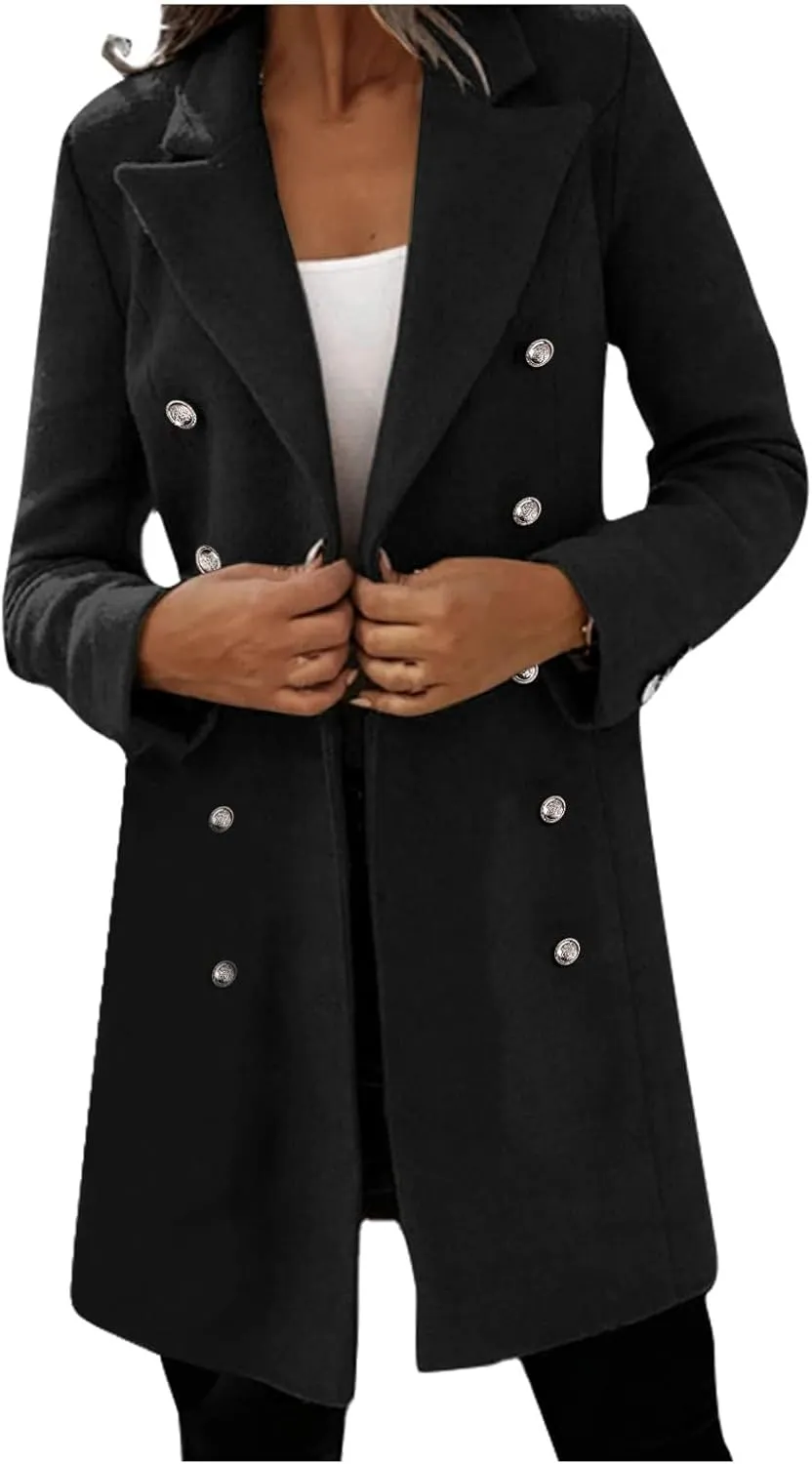 Trench Coat Women Long Wool Double Breasted Blazer Business Casual Notch Lapel Jacket Fall Winter Mid Long Peacoat