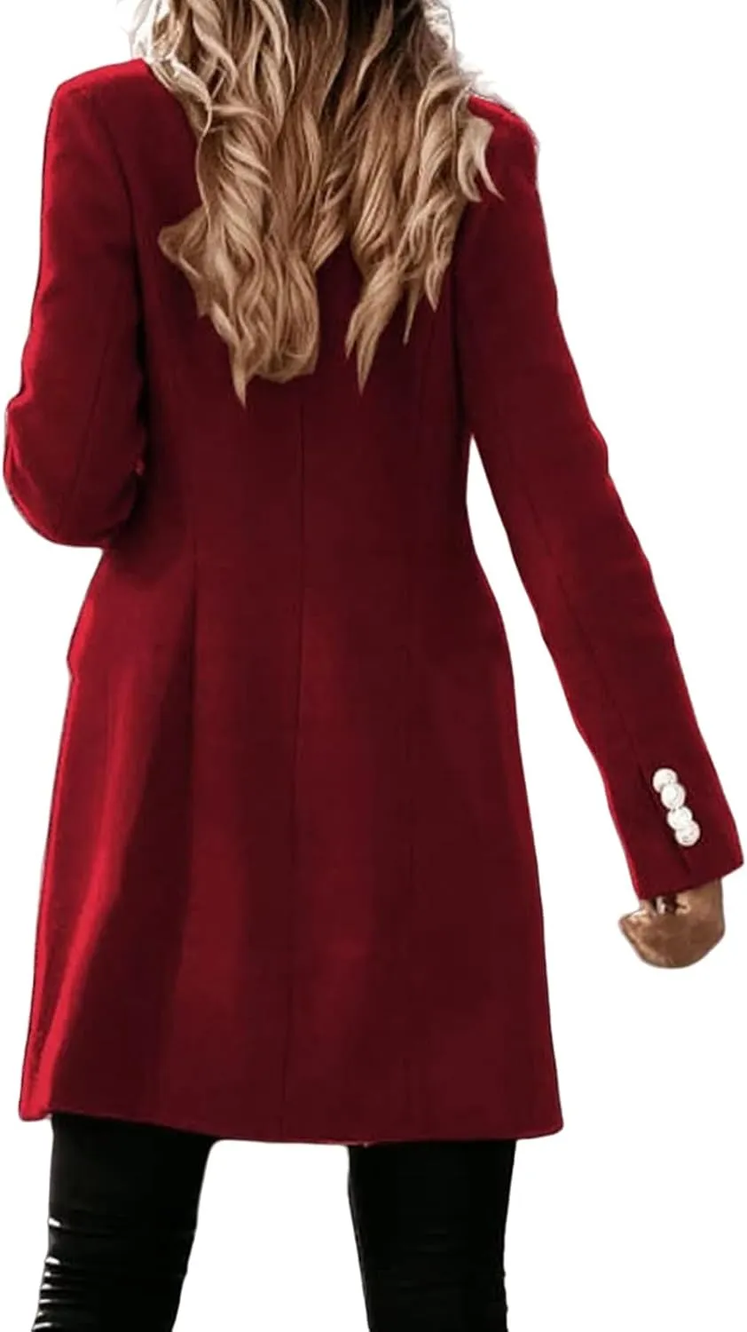 Trench Coat Women Long Wool Double Breasted Blazer Business Casual Notch Lapel Jacket Fall Winter Mid Long Peacoat