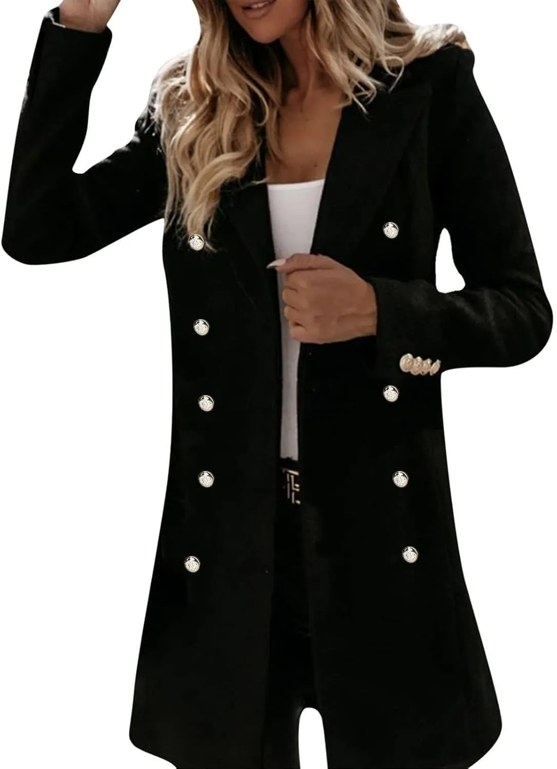 Trench Coat Women Long Wool Double Breasted Blazer Business Casual Notch Lapel Jacket Fall Winter Mid Long Peacoat