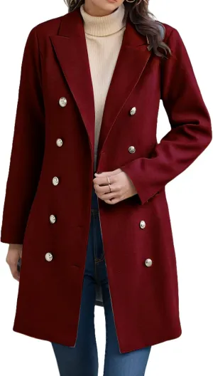 Trench Coat Women Long Wool Double Breasted Blazer Business Casual Notch Lapel Jacket Fall Winter Mid Long Peacoat