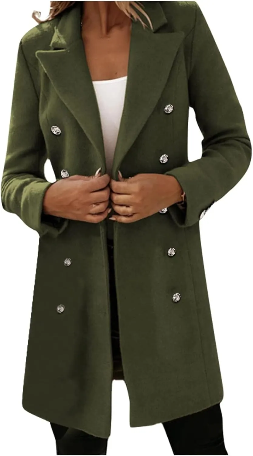 Trench Coat Women Long Wool Double Breasted Blazer Fall Winter Notch Lapel Jacket Business Casual Mid-Long Peacoat