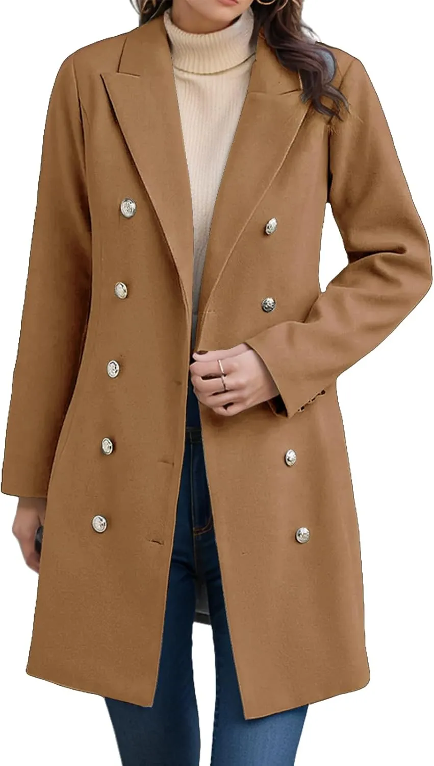 Trench Coat Women Long Wool Double Breasted Blazer Fall Winter Notch Lapel Jacket Business Casual Mid-Long Peacoat