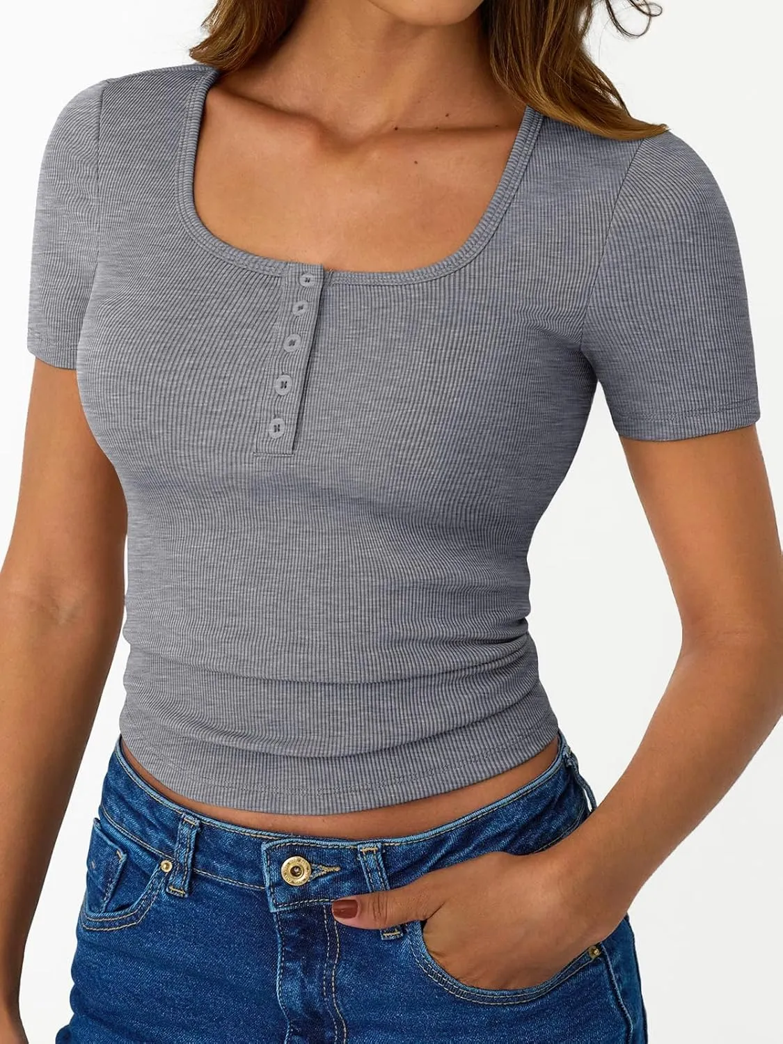 Trendy Queen Womens Short Sleeve Summer Tops Ribbed Henley T Shirts Basic Tee Cute Casual Spring Fashion Clothes 2025