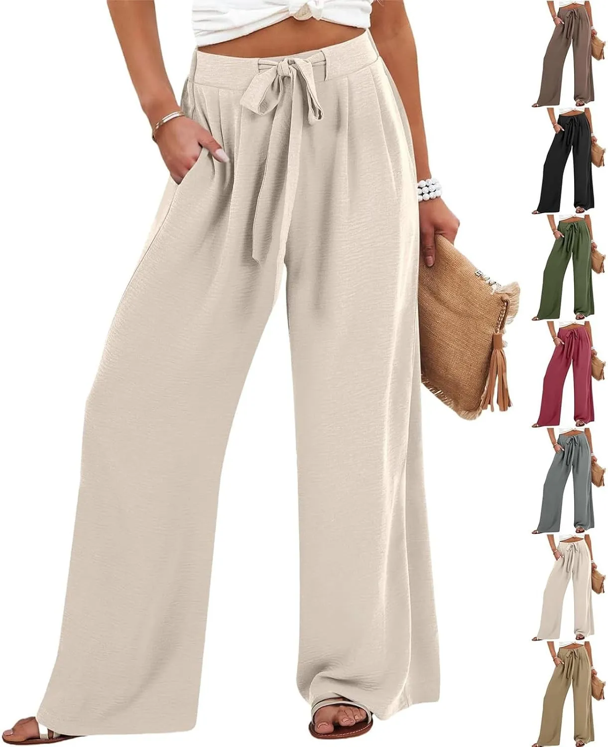 Trendy Wide Leg Palazzo Pants for Women Summer High Waist Flowy Casual Trousers Lounge Beach Travel Vacation Outfits