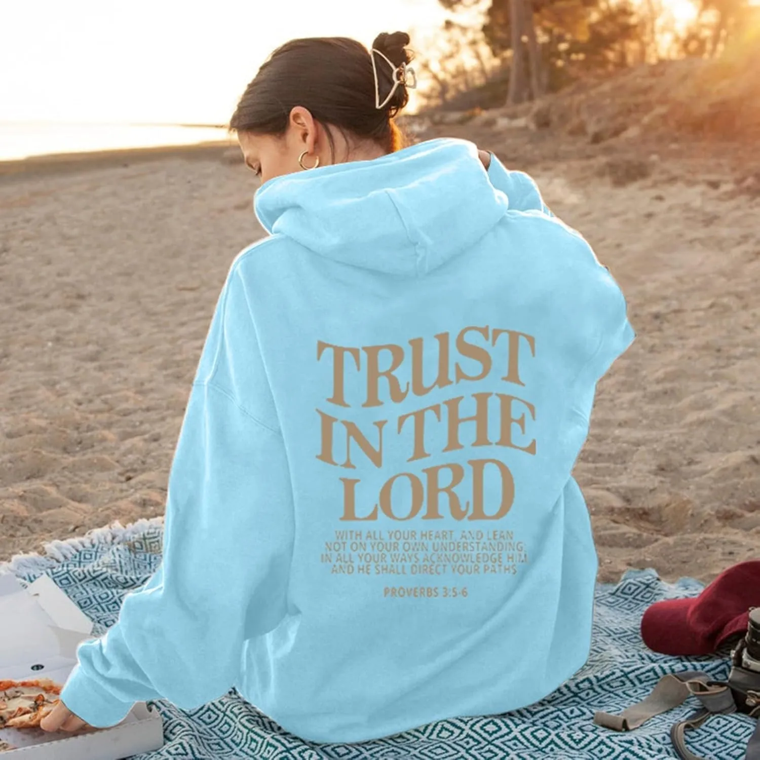 Trust in The Lord Letter Print Fashion Hoodies & Sweatshirts for Women Oversize Pullover with Kangaroos Pocket Drawstring Top