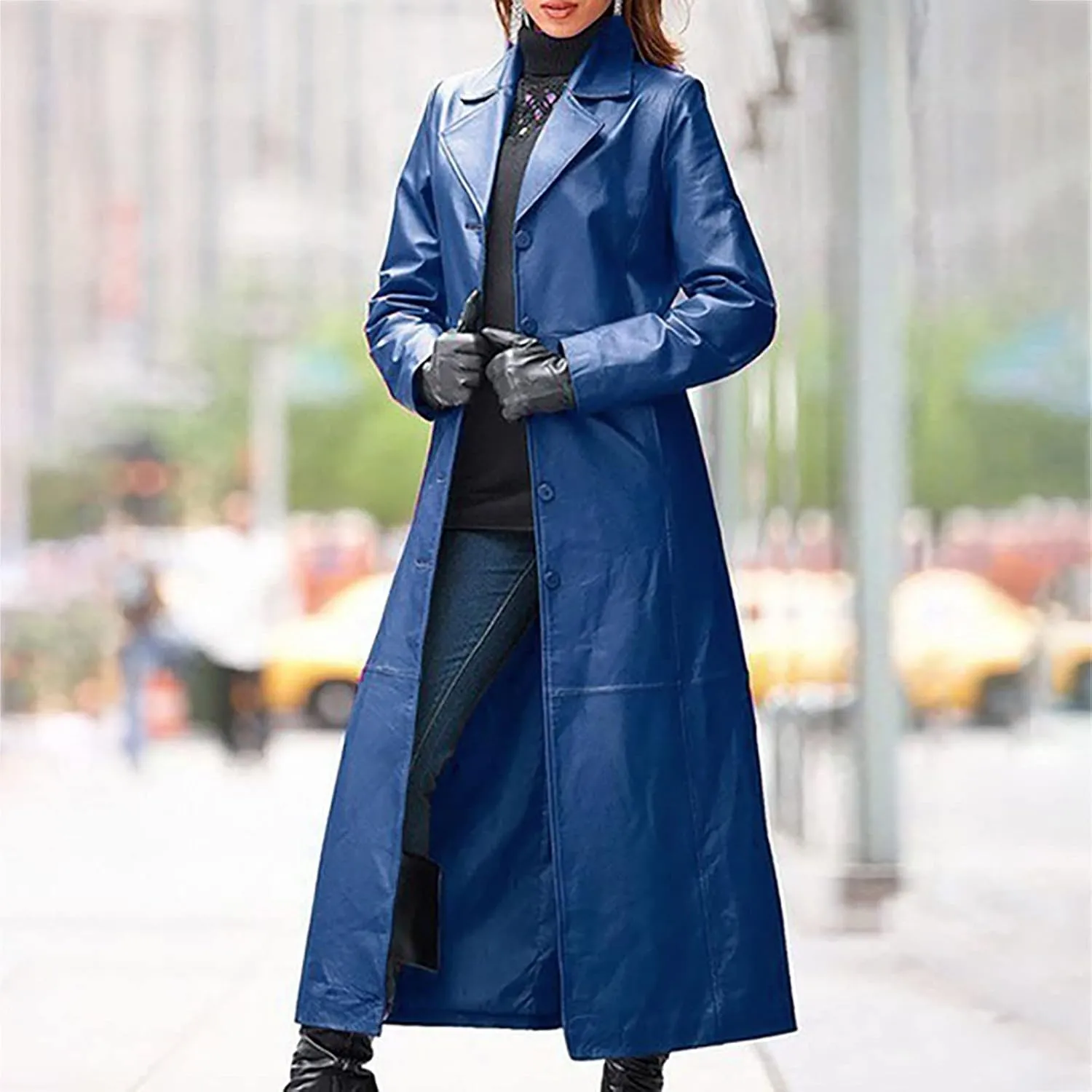 tuduoms Long Faux Leather Trench Coat for Women Button Down Ankle Length Maxi PU Jackets 2022 Ladies Lapel Coat Outwear