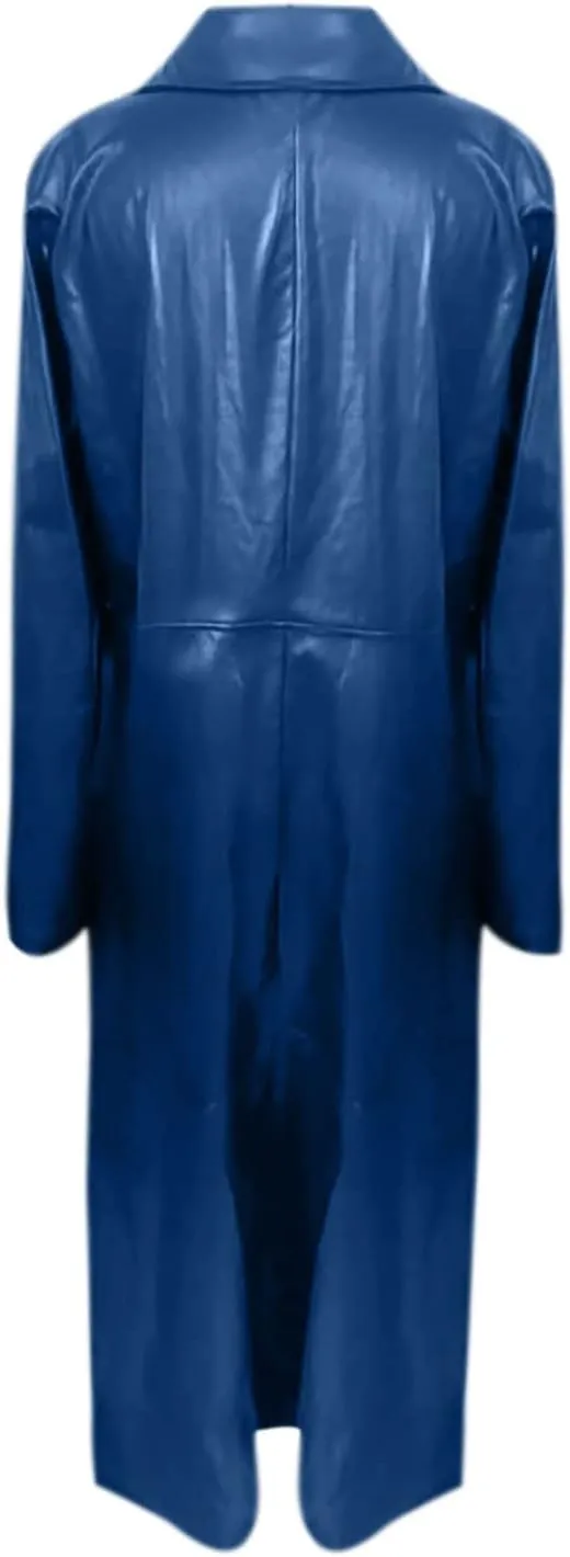tuduoms Long Faux Leather Trench Coat for Women Button Down Ankle Length Maxi PU Jackets 2022 Ladies Lapel Coat Outwear