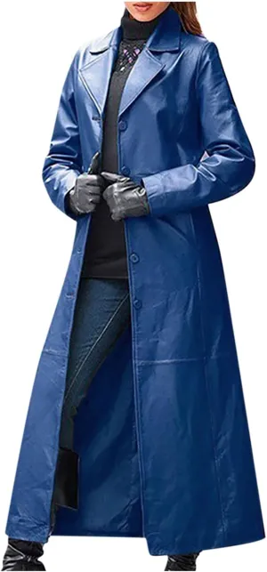 tuduoms Long Faux Leather Trench Coat for Women Button Down Ankle Length Maxi PU Jackets 2022 Ladies Lapel Coat Outwear