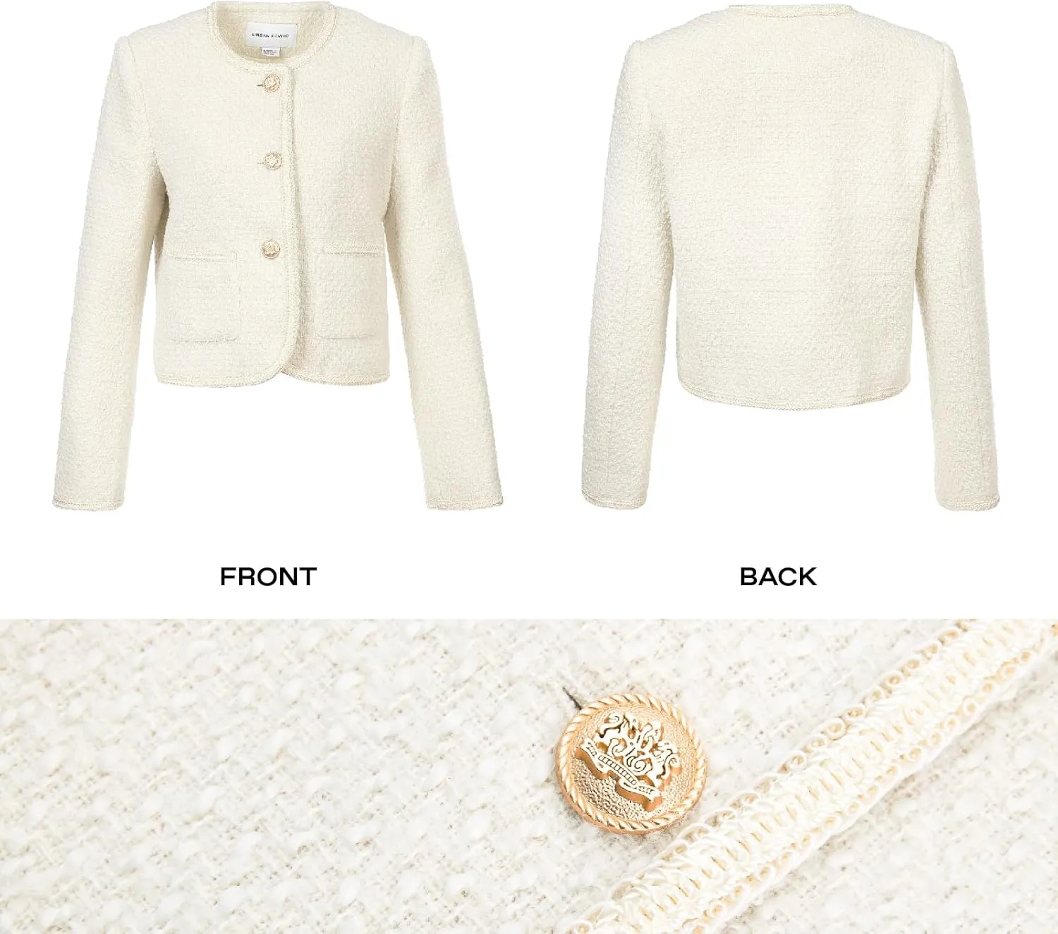 Tweed Casual Blazer Jacket for Women Cropped Crew Open Front Gold Button Blazer Office