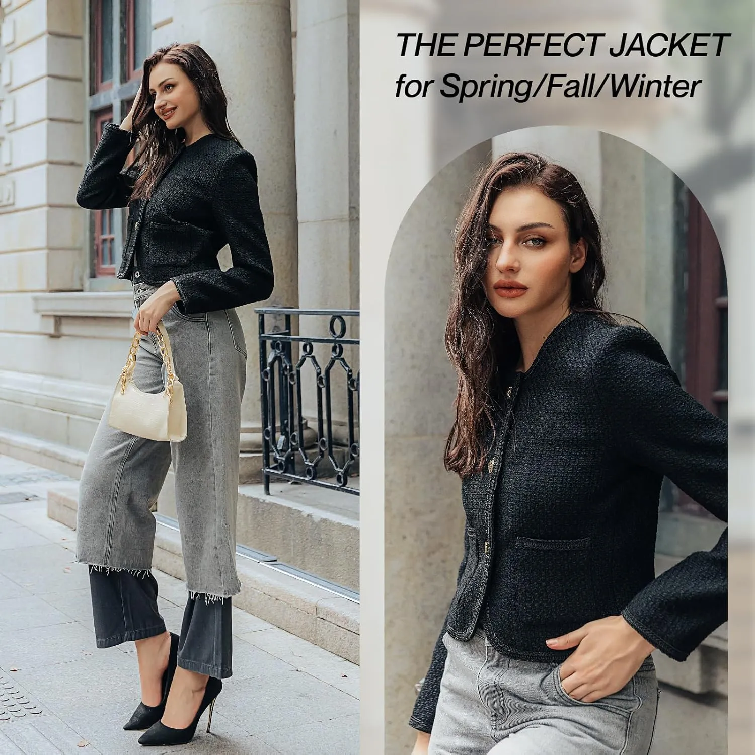 Tweed Casual Blazer Jacket for Women Cropped Crew Open Front Gold Button Blazer Office