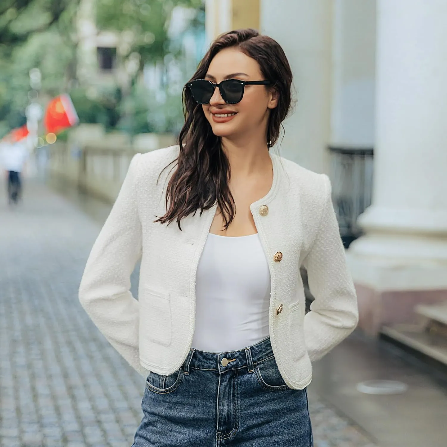 Tweed Casual Blazer Jacket for Women Cropped Crew Open Front Gold Button Blazer Office