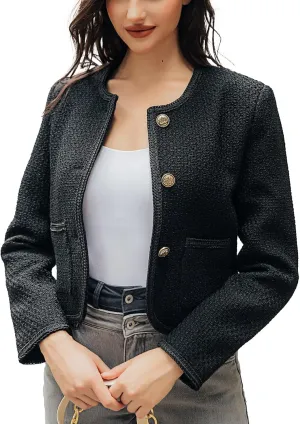 Tweed Casual Blazer Jacket for Women Cropped Crew Open Front Gold Button Blazer Office